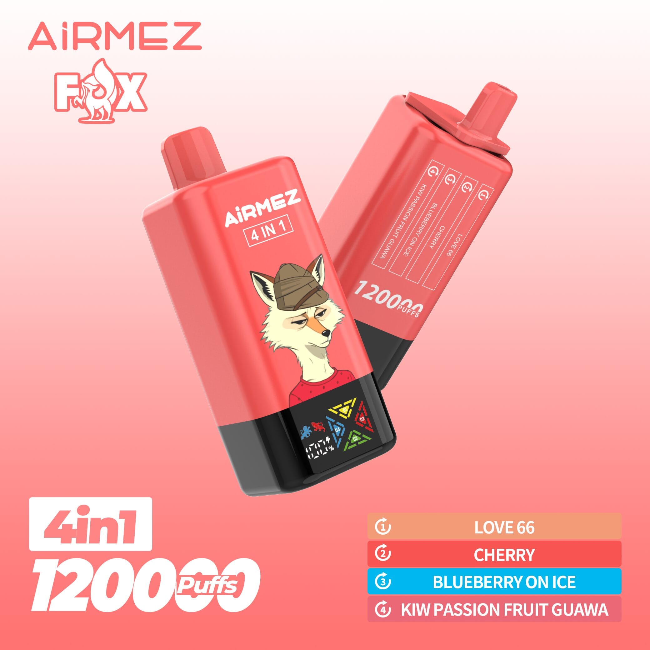 Airmez Fox (4 en 1): Love 66 + Cherry + Blueberry On Ice + Kiwi Passion Fruit Guava 120,000 Puff