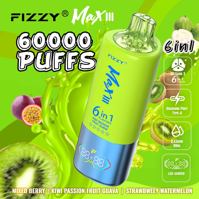 Fizzy Max lll (6 en 1): Mixed Berry + Kiwi Passion Fruit Guava + Strawberry Watermelon 60,000 Puff