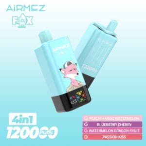 Airmez Fox (4 en 1): Peach Mango Watermelon + Blueberry Cherry + Watermelon Dragon Fruit + Passion Kiss 120,000 Puff