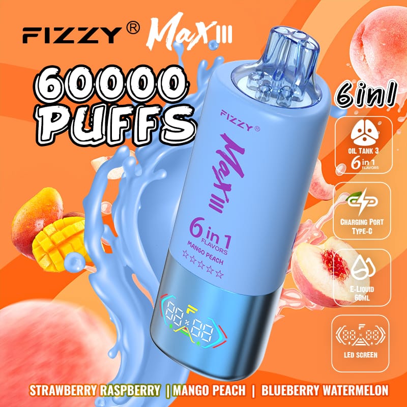 Fizzy Max lll (6 en 1): Strawberry Raspberry + Mango Peach + Blueberry Watermelon 60,000 Puff