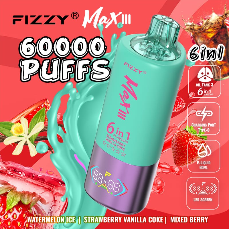 Fizzy Max lll (6 en 1): Watermelon Ice + Strawberry Vanilla Coke + Mixed Berry 60,000 Puff
