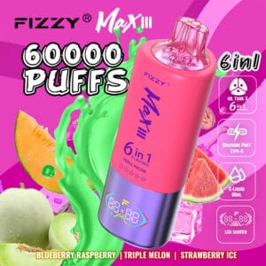 Fizzy Max lll (6 en 1):  Blueberry Raspberry + Triple Melon + Strawberry Ice 60,000 Puff